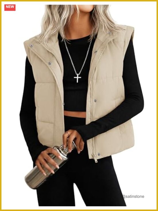 Jackets & Blazers - Cropped Puffer Vest Sleeveless Zip Up Stand Collar Winter Outerwear